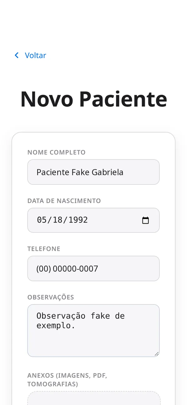 Cadastro de novo paciente no celular